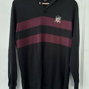 Polo by Ralph Lauren Black Long-Sleeve Rugby Shirt with Burgundy Stripes